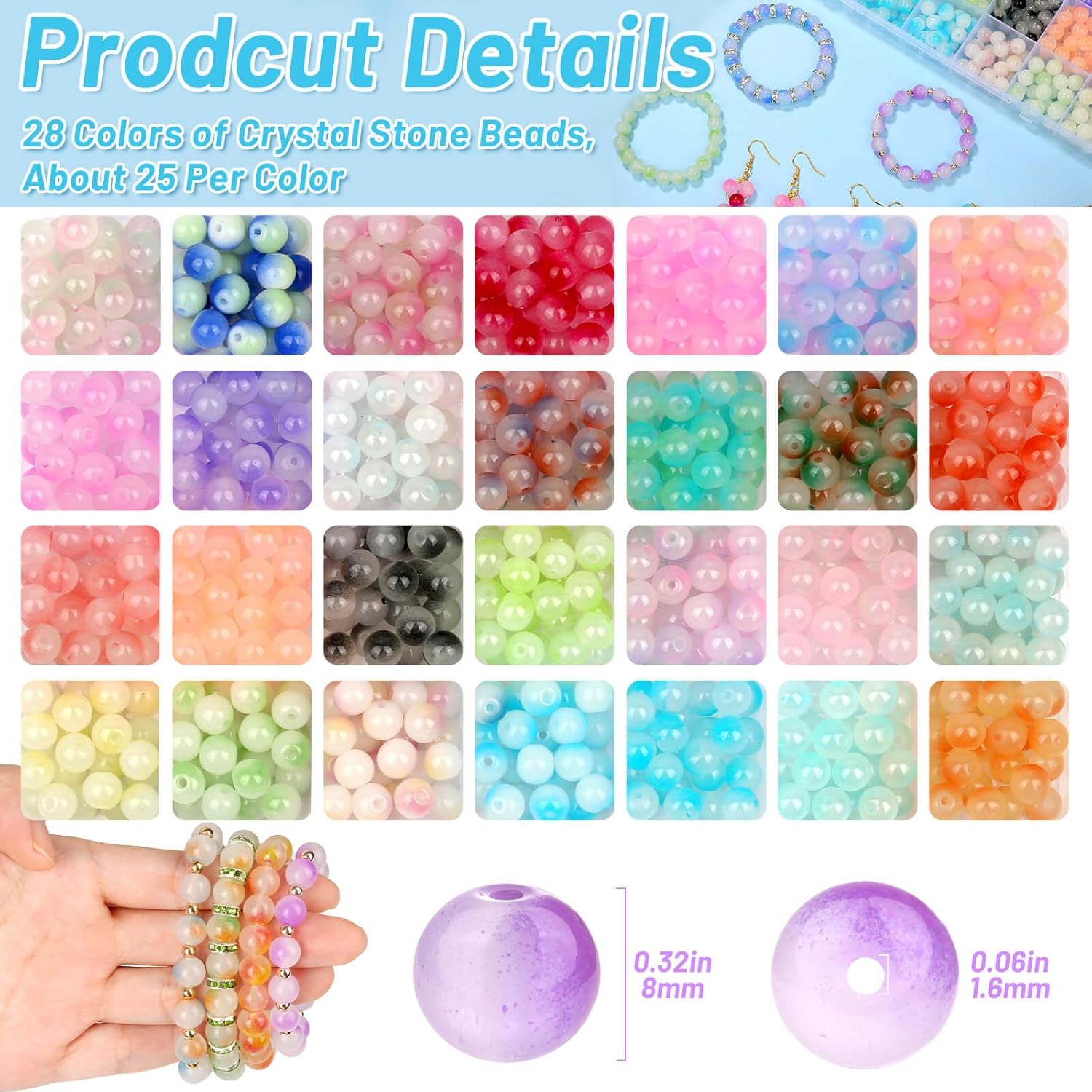 shynek 700 Piecess 8mm Glass Beads for Jewelry Making, 28 Bicolors Glass Crystal Beads Bracelet Making Kit for Bracelet Jewelry Making and DIY Crafts (GGB-8) - Image 3