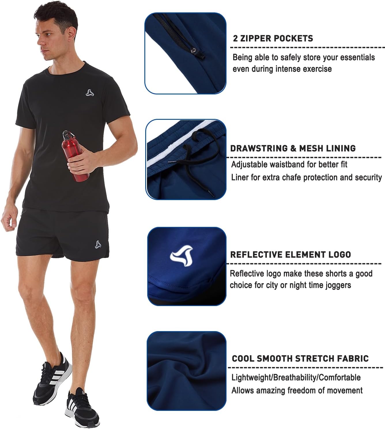 SILKWORLD Men's Running Stretch Quick Dry Shorts with Zipper Pockets(Pack of 2,3) - Image 4