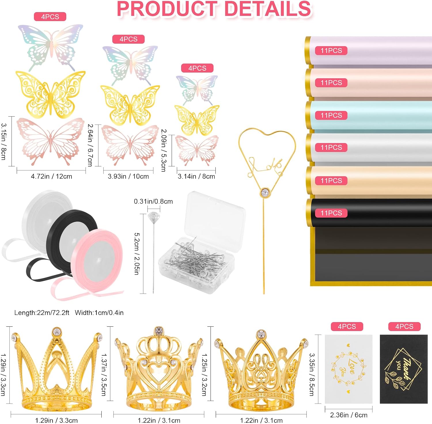 VinTS 167Pcs Floral Bouquet Wrapping Paper Waterproof Flower Wrapping Paper 66 Sheets 6 Colors with Ribbons 3D Butterfly,Golden Crowns for Valentines Florist DIY Project Bouquet Flower