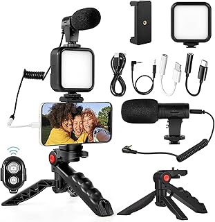 Vlogging-Kit, kompatibles Video-Vlog-Kit mit Mikrofon, LED-Lichtstativ, Fernbedienung, YouTube-Kit für Android, für Instagram, Facebook Live (Android und iPhone kompatibel, wiederaufladbare LEDs)