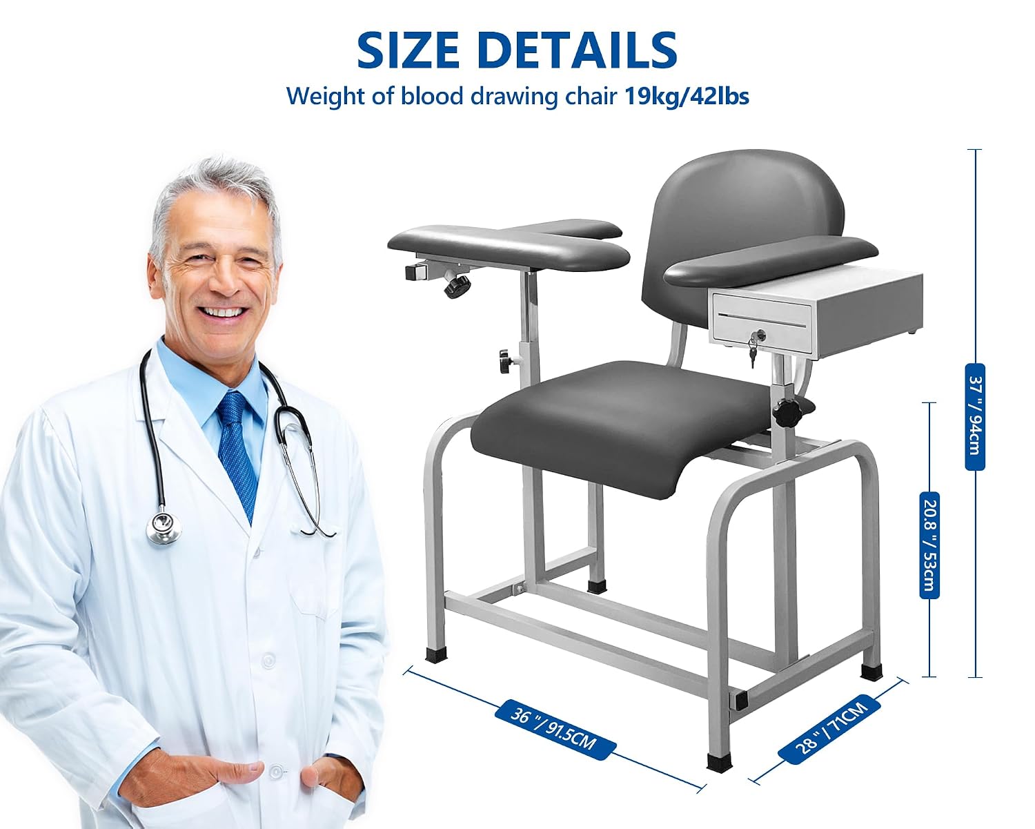 Helsevesen Blood Draw Chair, Comfortable Padded Blood Drawing Chair with Drawer, Clinic Chair with Soft Padded Seat, Phlebotomy Chair with Adjustable Armrest, Grey
