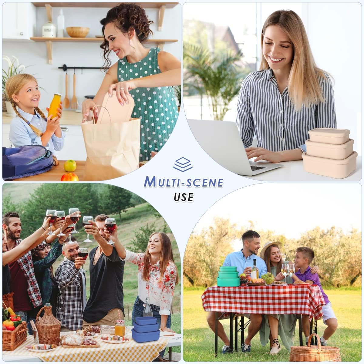 Silicone Food Storage Containers, Set of 3 Rectangular Bento Lunch Box Containers with Lids, Hard-Shell Silicone, Airtight, Microwave, Dishwasher and Freezer Safe (10oz, 23.6oz, 44oz)