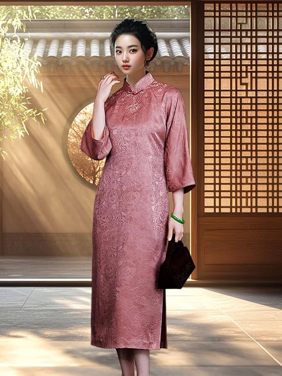 Side view of embroidered luxury high neck silk evening dress.