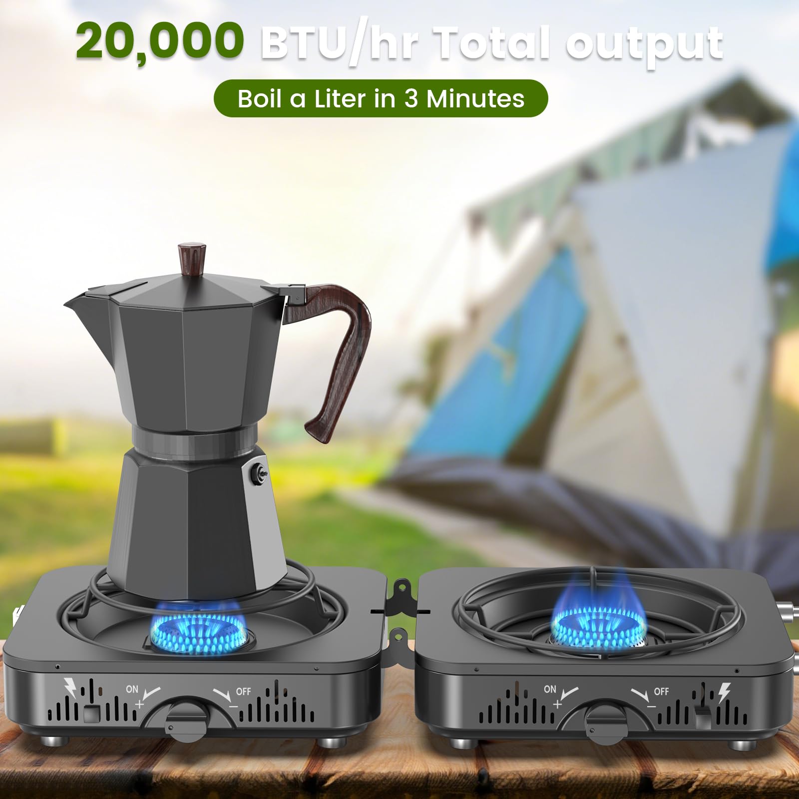LILTSDRAE Estufa de propano de 2 quemadores, 20000 BTU, diseño plegable portátil con quemadores ajustables, encendido piezoeléctrico para portón trasero, barbacoa, cocina al aire libre
