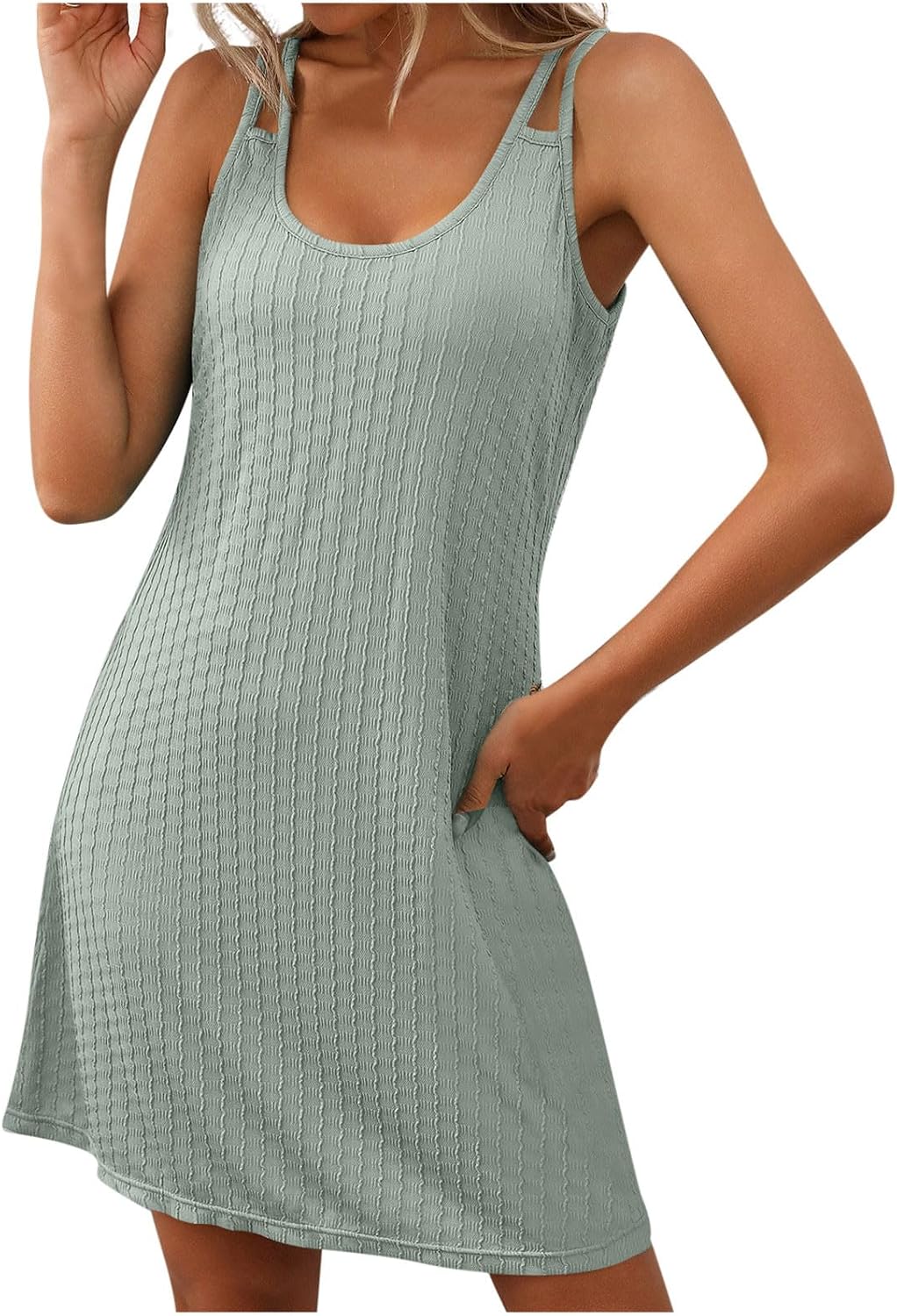 Sun Dresses for Women Summer Beach Vacation Spaghetti Strap Textured Mini Dress Loose Fit Casual Scoop Neck Sundress