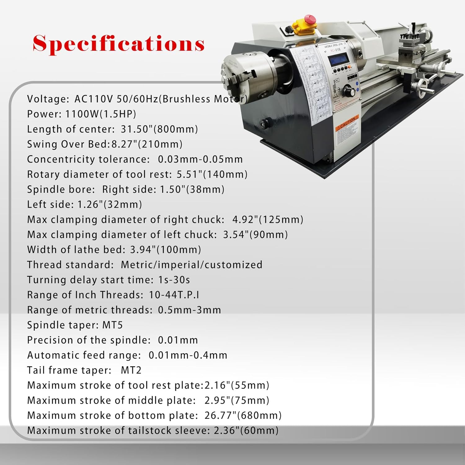 Metal Bench Lathe Benchtop Mini Metal Lathe 8"*32" Metric and Imperial Electronic Gear Lathe for Woodworking Metalworking 4-Way Tool Post Variable Speed 50-2500rmp Two-Jaw Chuck 110V 1100W