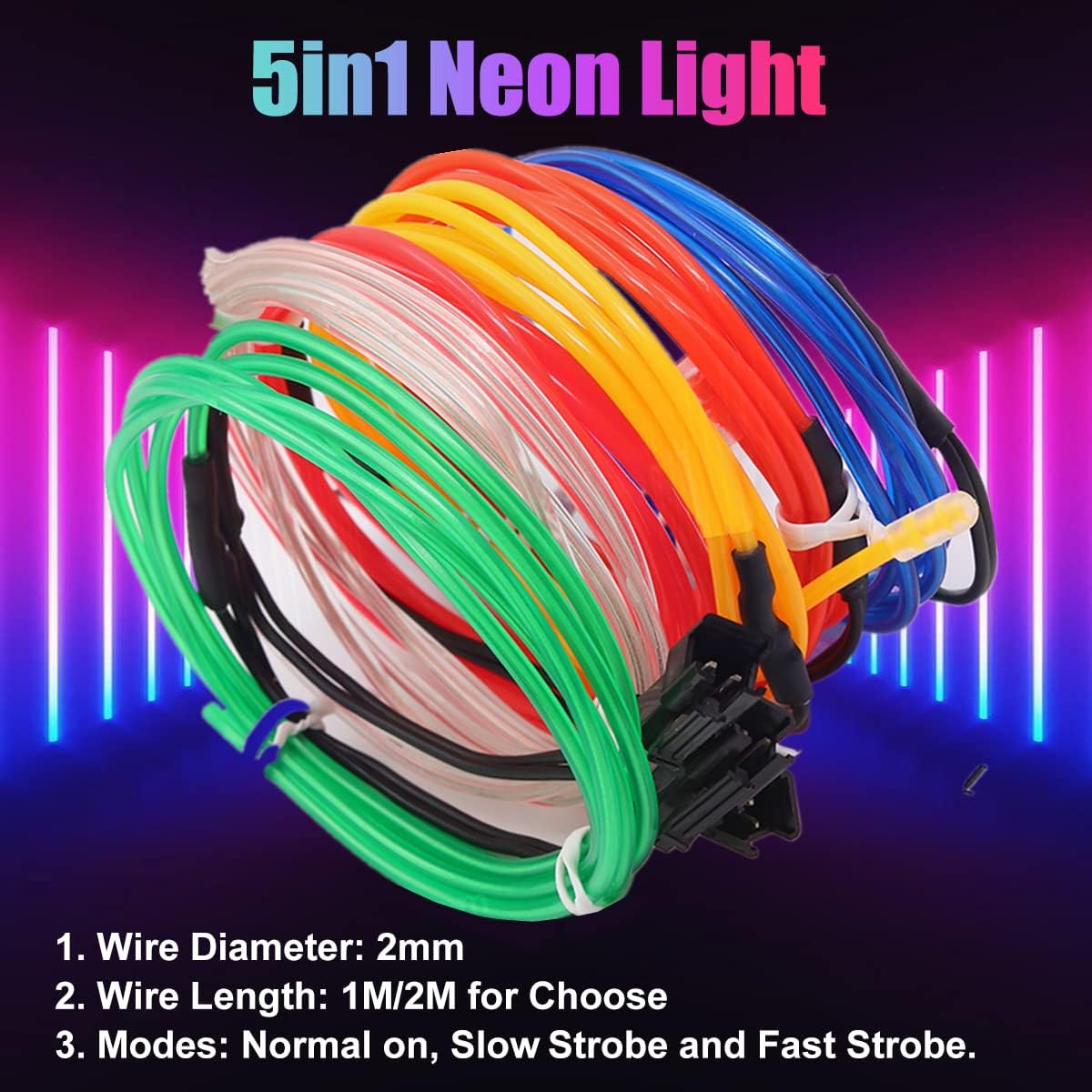 Ourbest 5in1 15Ft (5Pack 3Ft) Neon Strip Light Wire, 3Mode Stay/Slow/Fast Flash EL Wire Lights Battery Pack for Cosplay Dress Halloween Christmas Party Decoration(Blue)