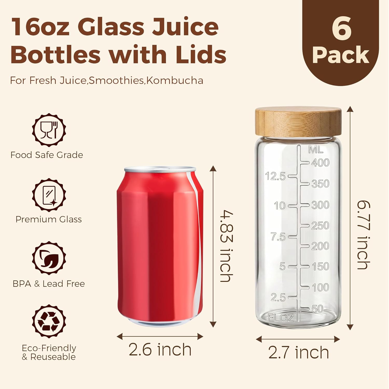 16oz Round Glass Juice Bottles with Lids, 6 Pack Reusable Juice Containers with Bamboo Lids, Glass Juicing jars with 4 Straws & 2 Airtight Lid with Hole for Drinking - Image 2
