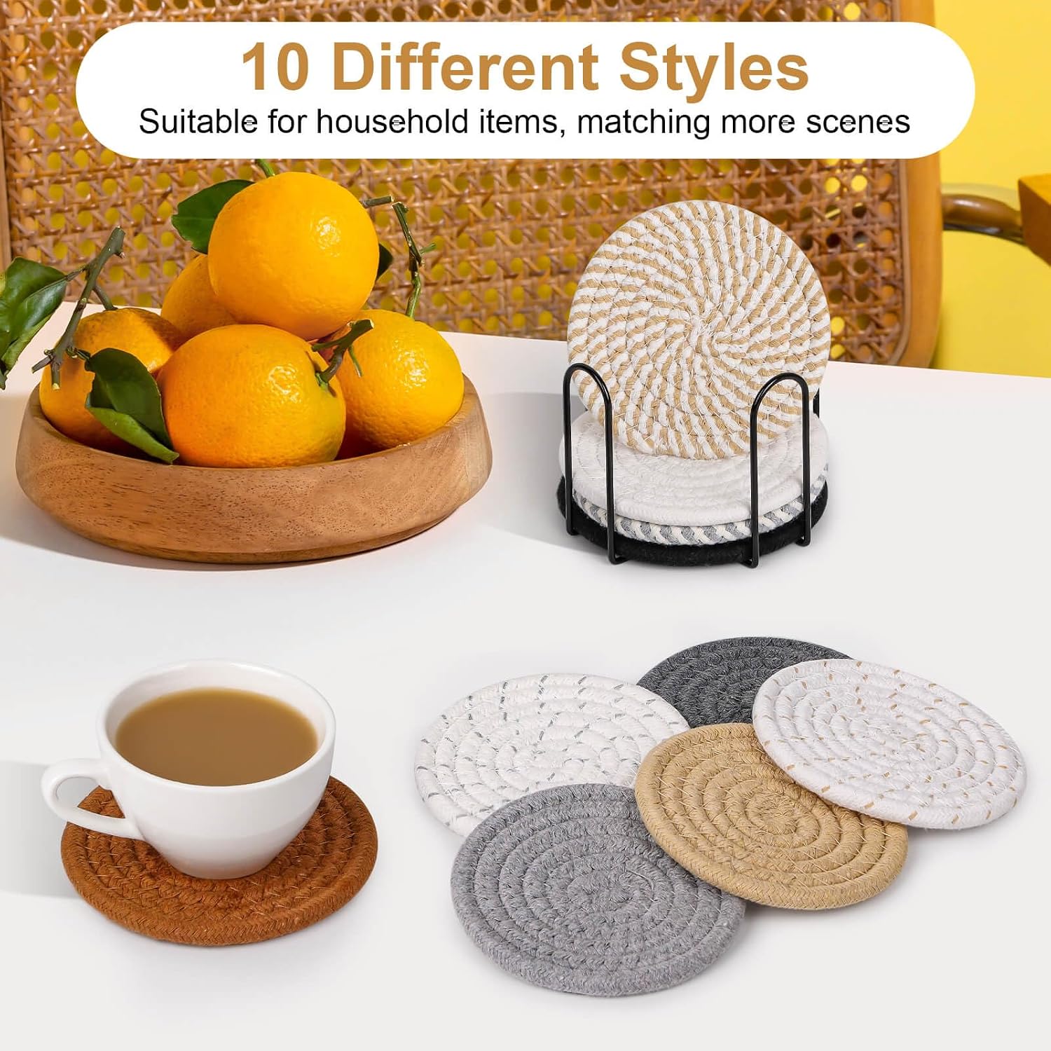 Billbotk 10 Pieces Coasters for Drinks, 10 Colors Absorbent Drink Coasters with Holder, Table Coaster Set for Home Decor, Apartment Decor Aesthetic, Living Room Essentials, 4.3 Inches image 2