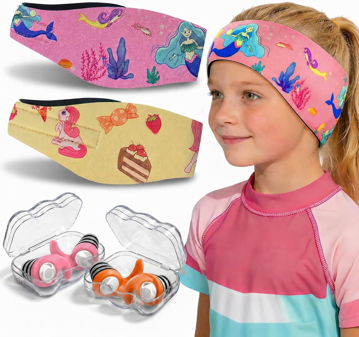 Diadema de natación para niños y adultos, banda ajustable para las orejas, 2 pares de tapones para los oídos | La diadema para nadar de neopreno impermeable ayuda a reducir la entrada de agua y mantiene los tapones para los oídos en su lugar para practicar surf, buceo, piscinas y playas.