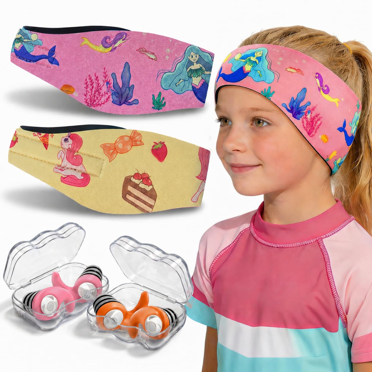 Schwimmen Stirnband für Kinder - 2 Paar Schwimm Ohrstöpsel & Neopren Schwimmband,Hohe Elastizität & Klettverschluss