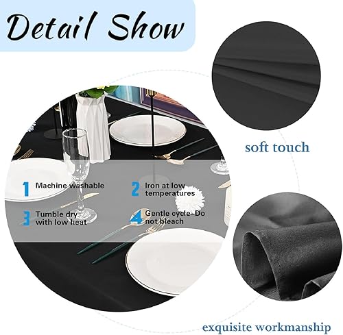 Miniatura 4 de Paquete de 6 manteles redondos negros de 60 pulgadas para mesas rectangulares de 6 pies. Manteles lavables de poliéster resistentes a las manchas y