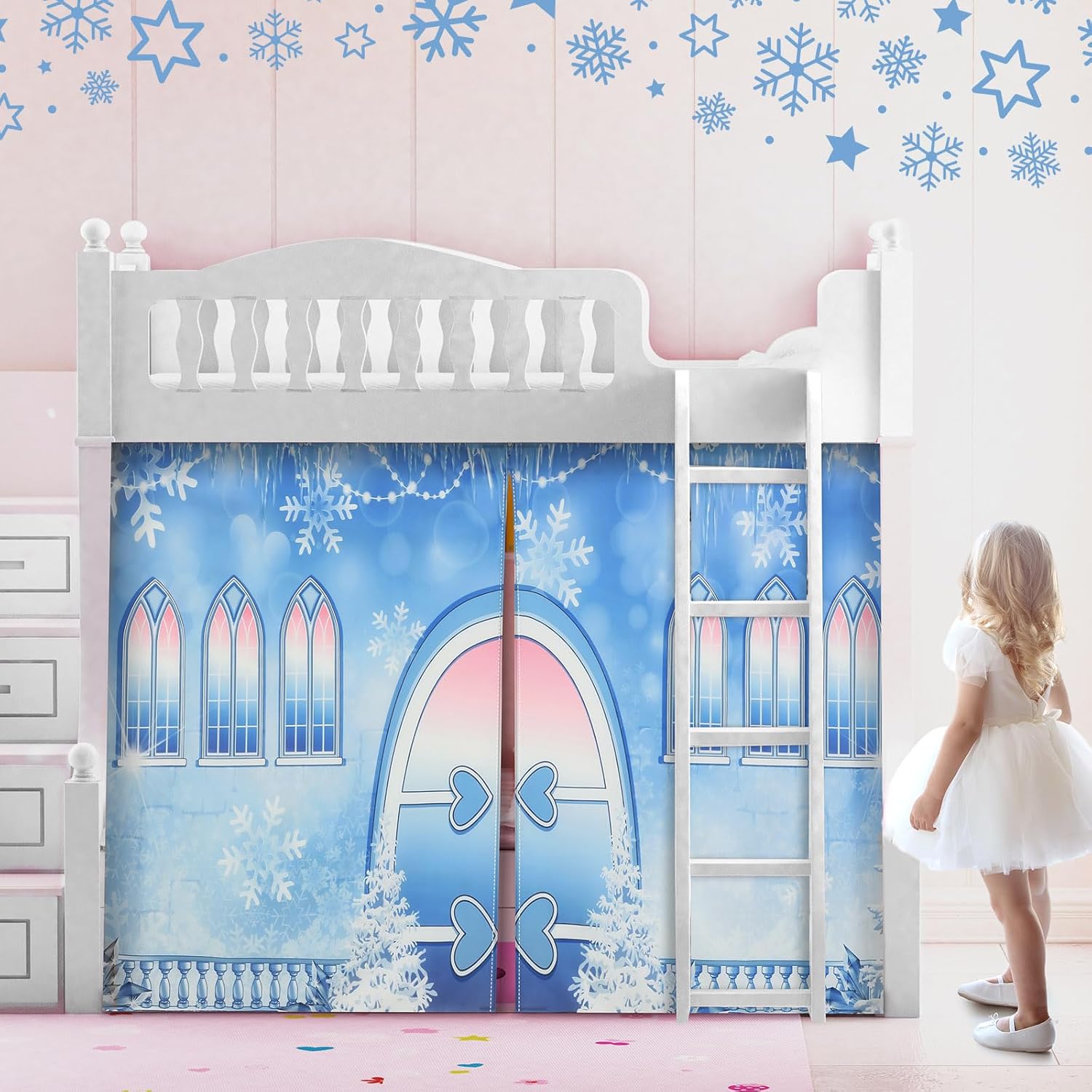 Hahafelt Loft Bed Tent Curtain Set for Low Twin,Bunk Bed Curtains Princess Play Tent Winter Party Decoration for Indoor & Outdoor Play