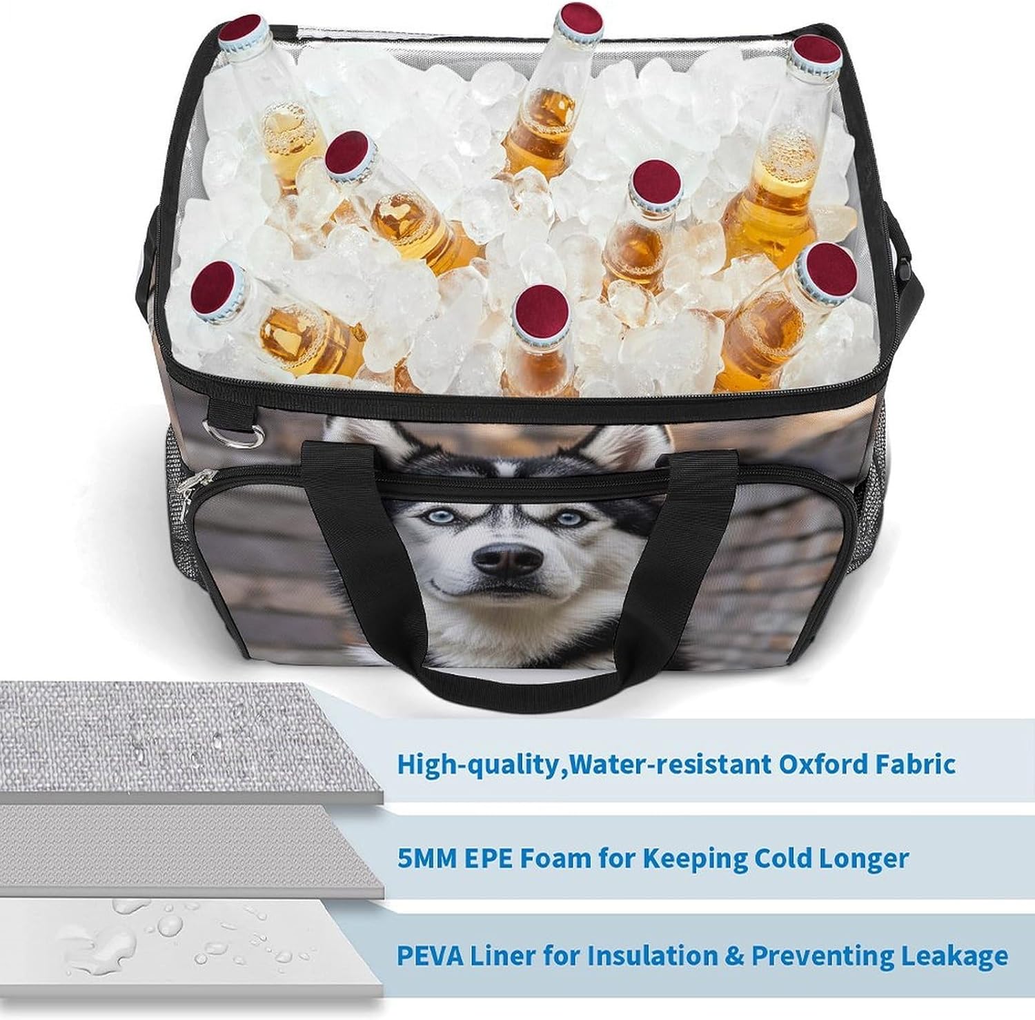 Insulated Picnic Backpack Tote Bag, Large Capacity 30L Husky Dog Cooler Bag Leakproof Beach Bags Portable Lunch Box Waterproof Picnic Basket for Beach Camping BBQ