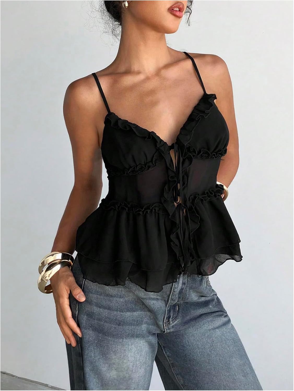 SHENHE Women's Summer Bow Tie Front Camisole Frilly Layered Ruffle Hem Y2k Tank Top Cami - Image 4