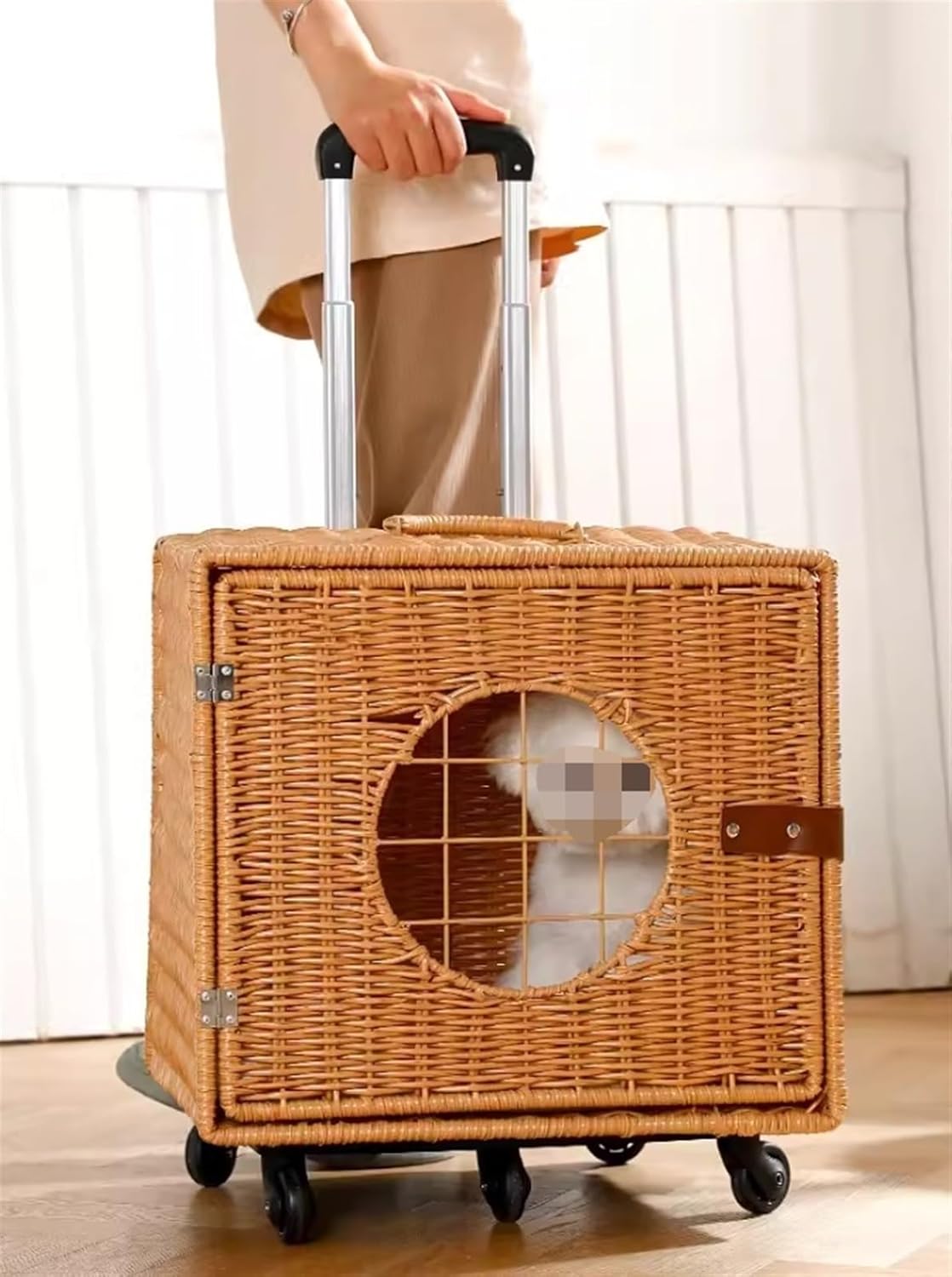 Foldable Pet Strollers Rattan Weaving Pet Stroller with 5 Wheels Square Dog Cat with Adjustable Handle for Small Medium Cats All-Terrain Design