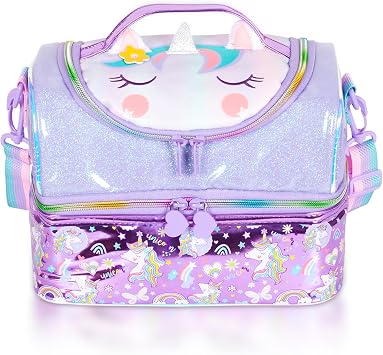Kids Double Decker Cooler Insulated Lunch Bag, Back to School Large Meal Tote for Boys, Girls, Men, Women, with Adjustable Strap, Unicorn