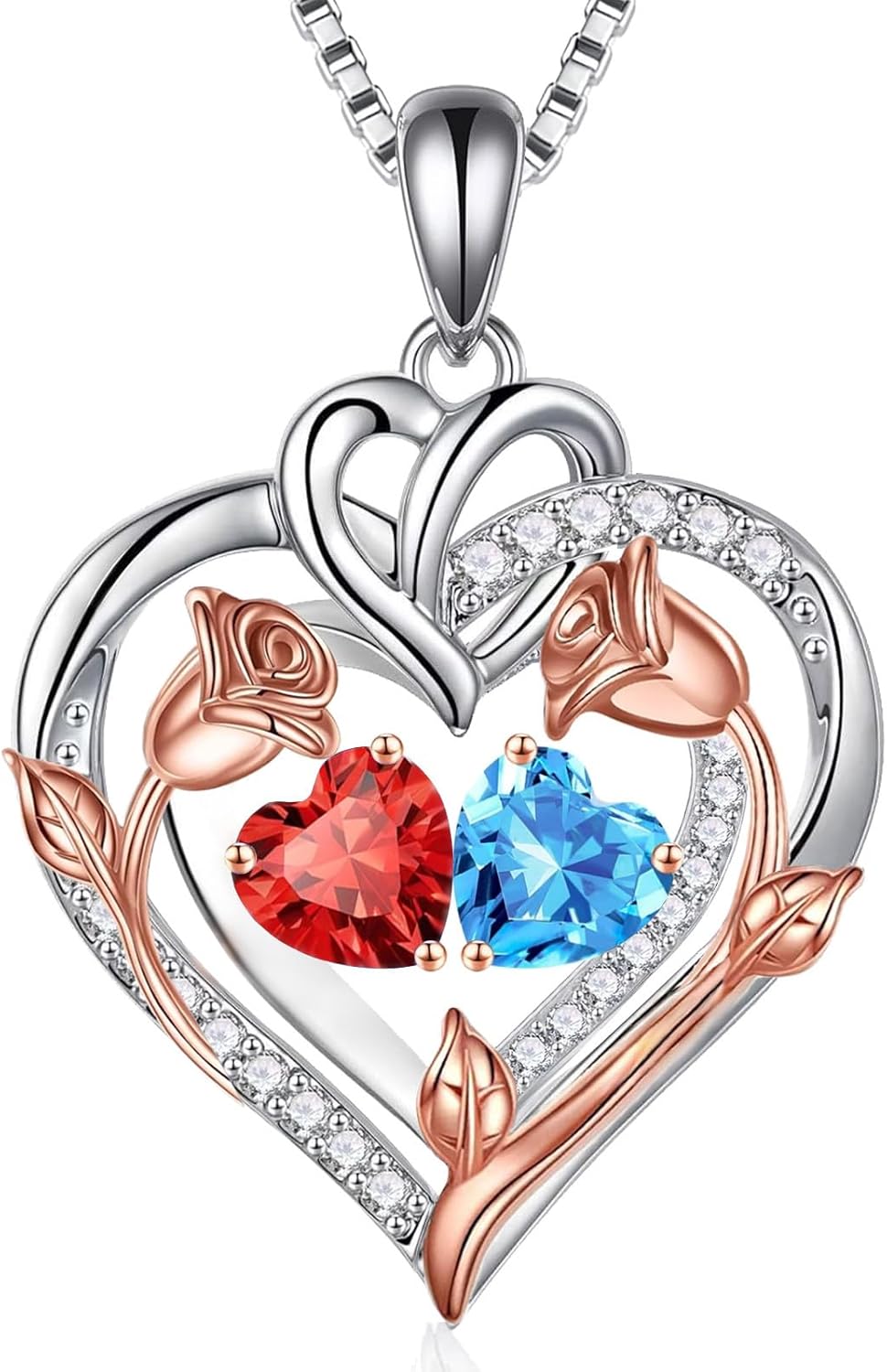 Wasee Mother's Day Necklace Rose Heart Birthstone Necklace for Women 925 Sterling Silver Anniversary Birthday Pendant Jewelry for Wife Mom