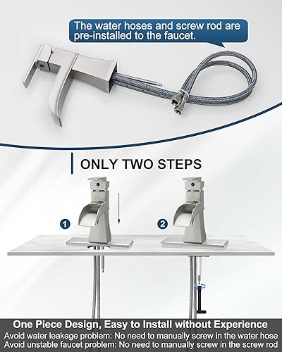 Miniatura 6 de Grifo de lavabo de baño en cascada, grifo de baño de latón cepillado con una manija, un solo orificio de 4 pulgadas o 3 agujeros con drenaje