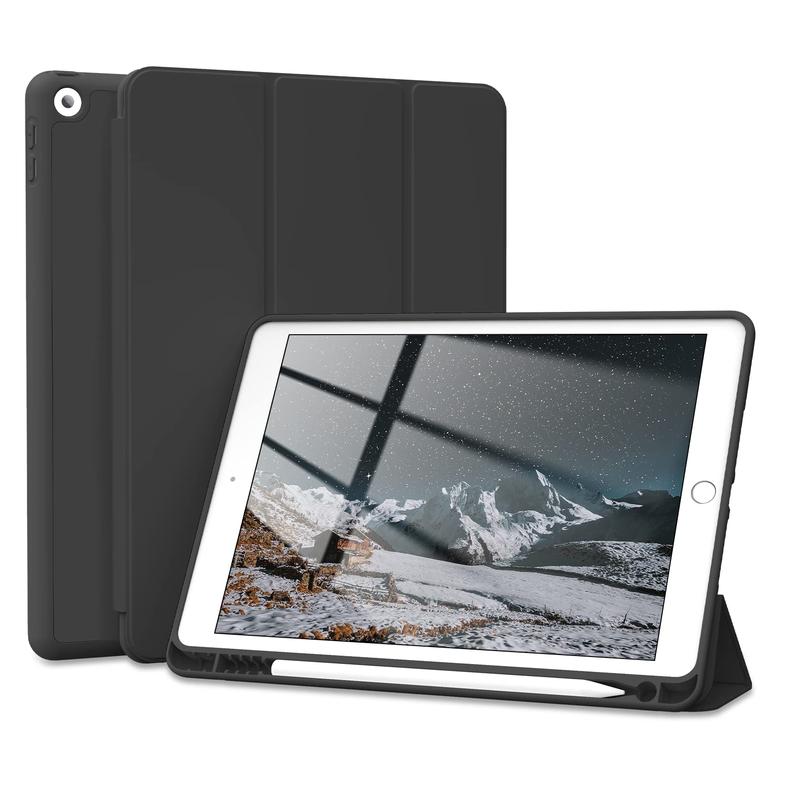 ZOYU Hülle für iPad 9. 8. 7. Generation 2021 2020 2019, Hülle mit Stifthalter für iPad 9/8/7, Weiche TPU Silikon Schutzhülle für i Pad 10,2 Zoll, Schwarz