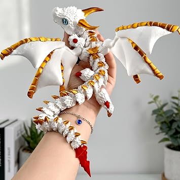 3D Printed Dragon Set, Large 30 cm, 3D Printed Animals Horned Dragon, 3D Dragon in White Gold Red, 3D Printed Poseable Figure for Desk Decor