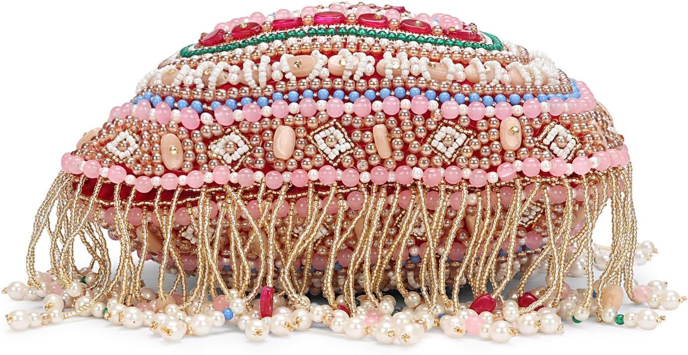 LONGING TO BUY Beaded Potli Bag for Women, Multicolor, Drawstring Wristlet with Pearl Fringe, Potli Bag for Wedding 9x9 Inch