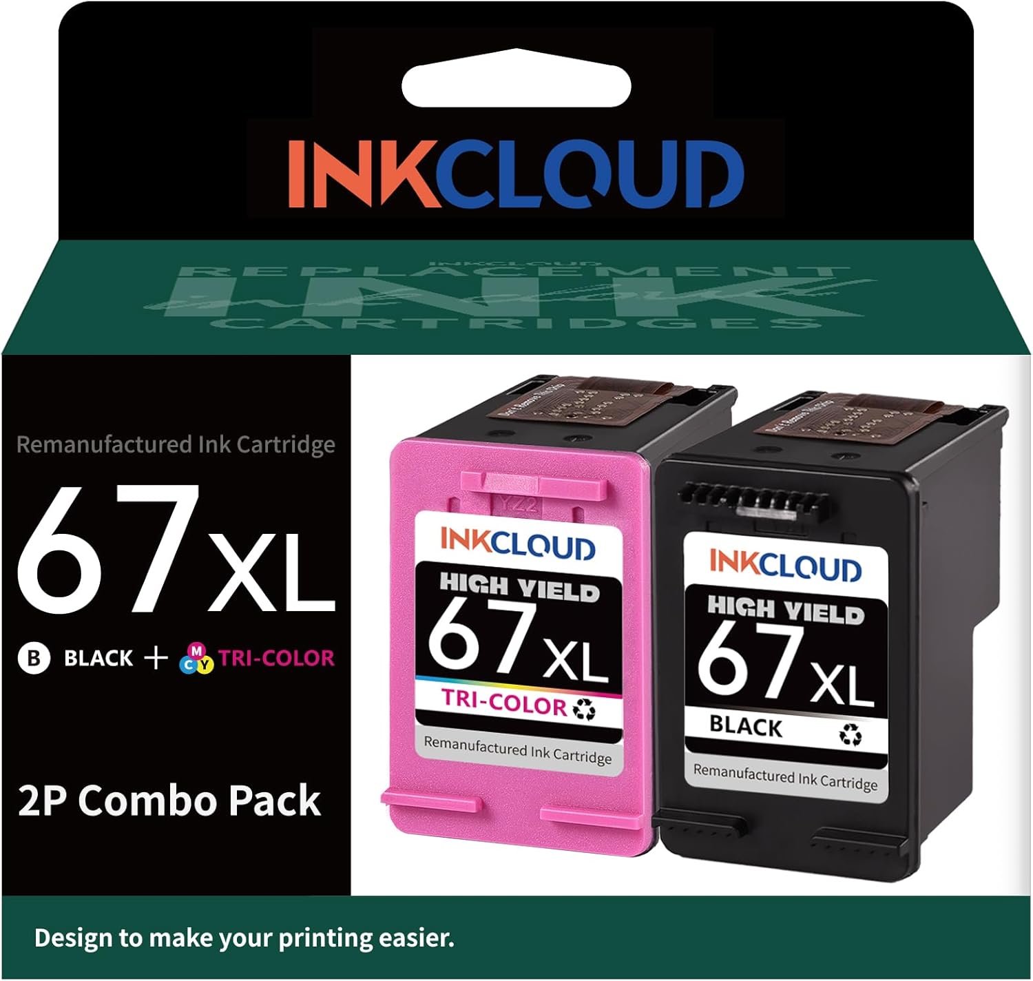 INKCLOUD Remanufactured Ink Cartridge Higher Yield Replacement for HP 67XL Printer Ink for HP 6055 6052 6058 6075 Pro 6455 6455e 6452 6458 1255 2732 2752 2755e 4140 4155(1 Black 1 Tri-Color, 2Pack) INKCLOUD Remanufactured Ink Cartridge Higher Yield Replacement for HP 67XL Printer Ink for HP 6055 6052 6058 6075 Pro 6455 6455e 6452 6458 1255 2732 2752 2755e 4140 4155(1 Black 1 Tri-Color, 2Pack)