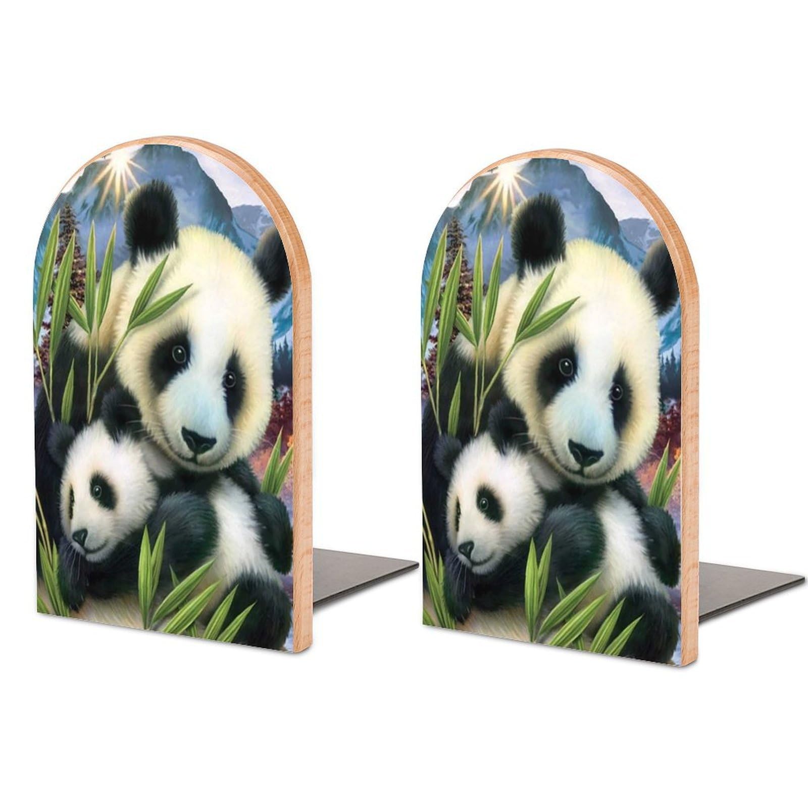 Panda Beech Wood Bookends Heavy Duty Book Organizers Desktop File Holder for Office Home Bookshelf