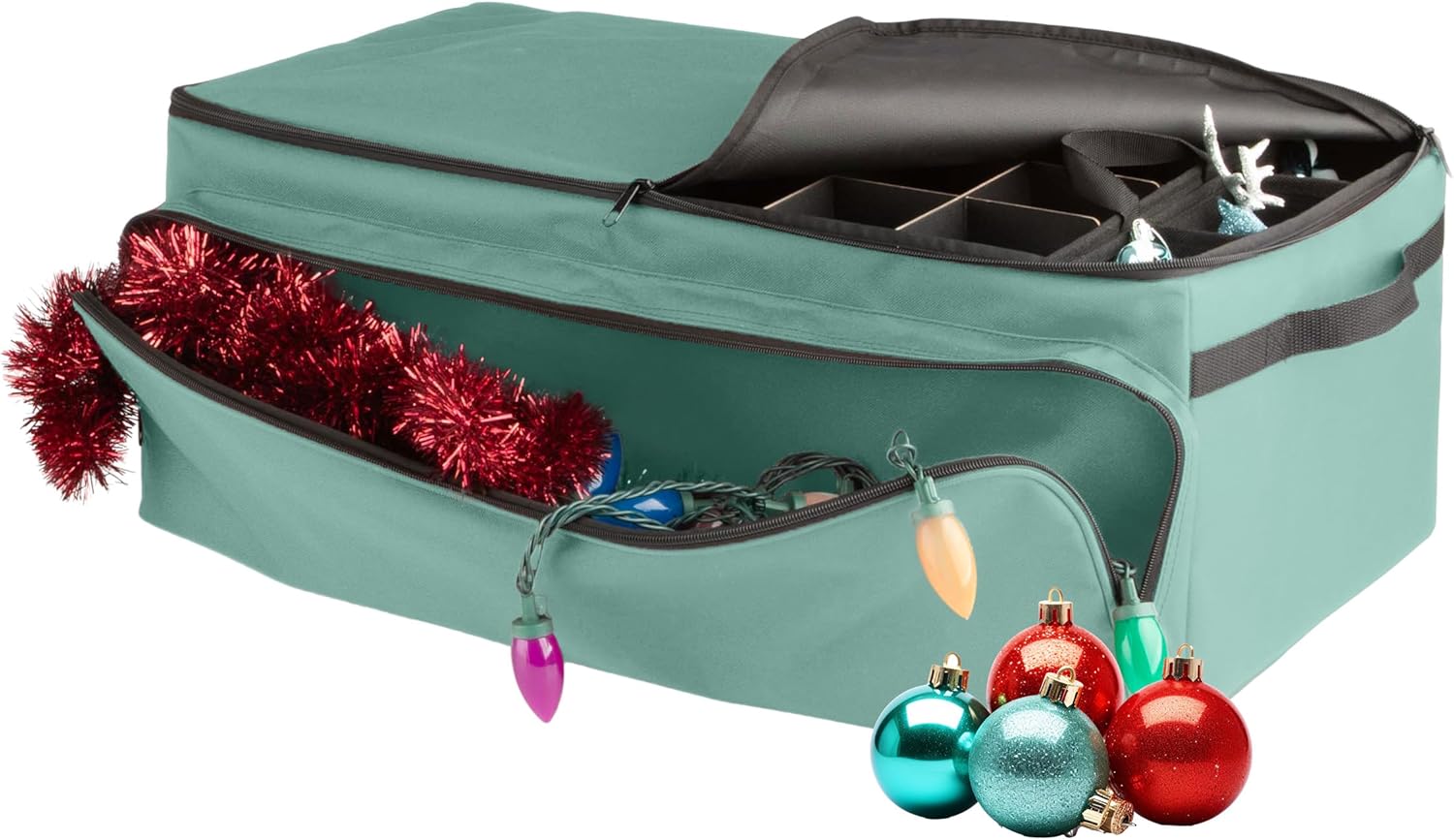 Christmas Ornament Storage Box - Christmas Ornament Organizer Storage Box with 3 Trays, Adjustable Grids, and Large Front Zipper Pocket - Fits up to 72 Bulbs and Decorations by Elf Stor (Green)