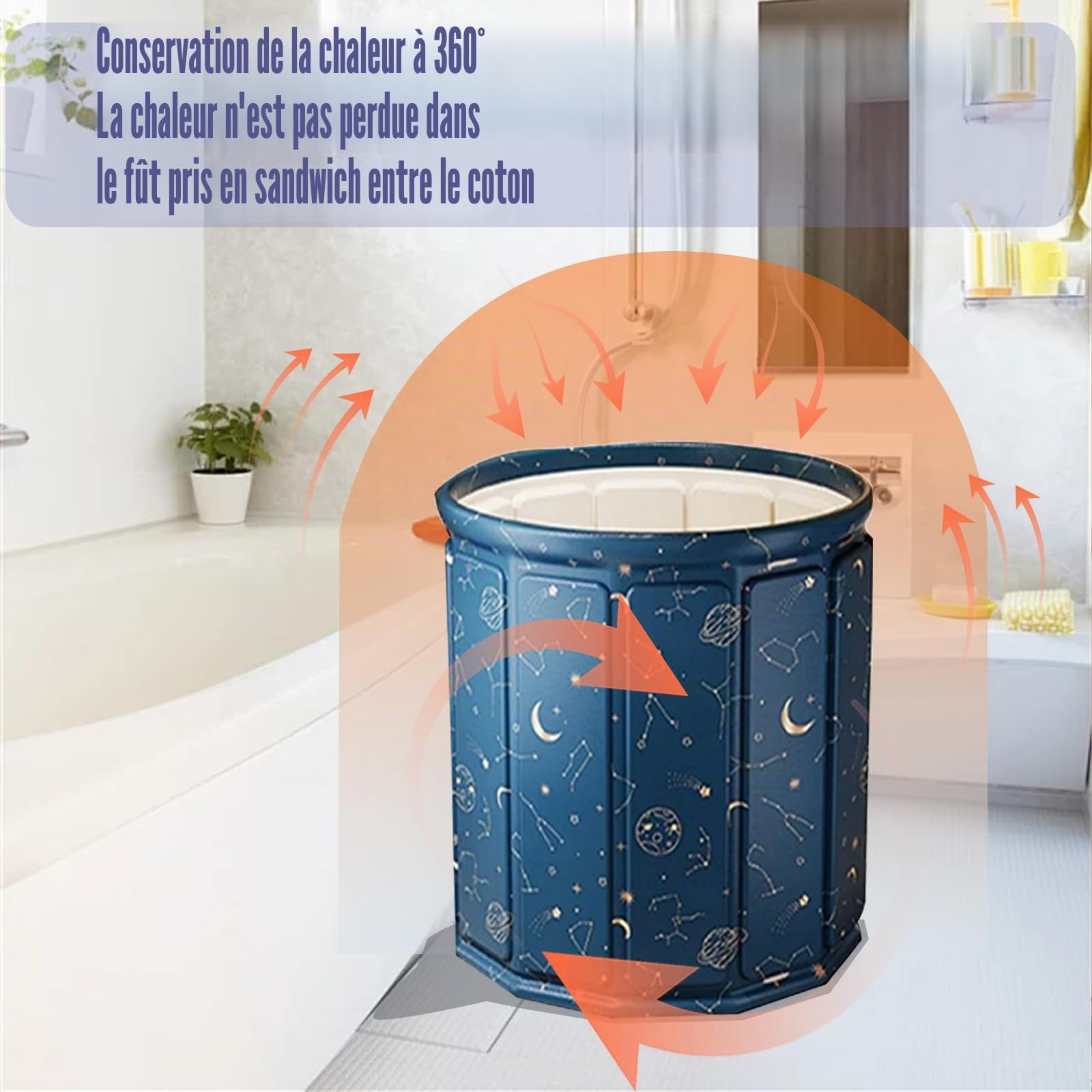 Baignoire de trempage pliable 80 x 65 cm pour adultes, avec coussin d'assise, tuyau d'évacuation et sac de rangement, parois isolées pour la conservation de la chaleur, double trous de drainage, peu