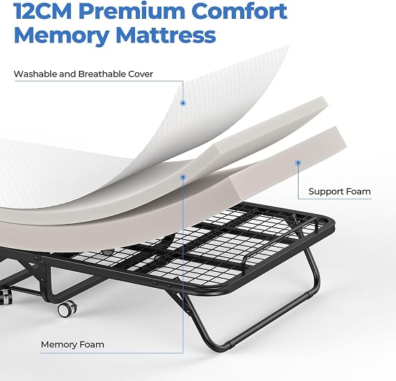 97x190cm Folding Bed with 12cm Memory Foam Mattress, Single Bed on Wheels