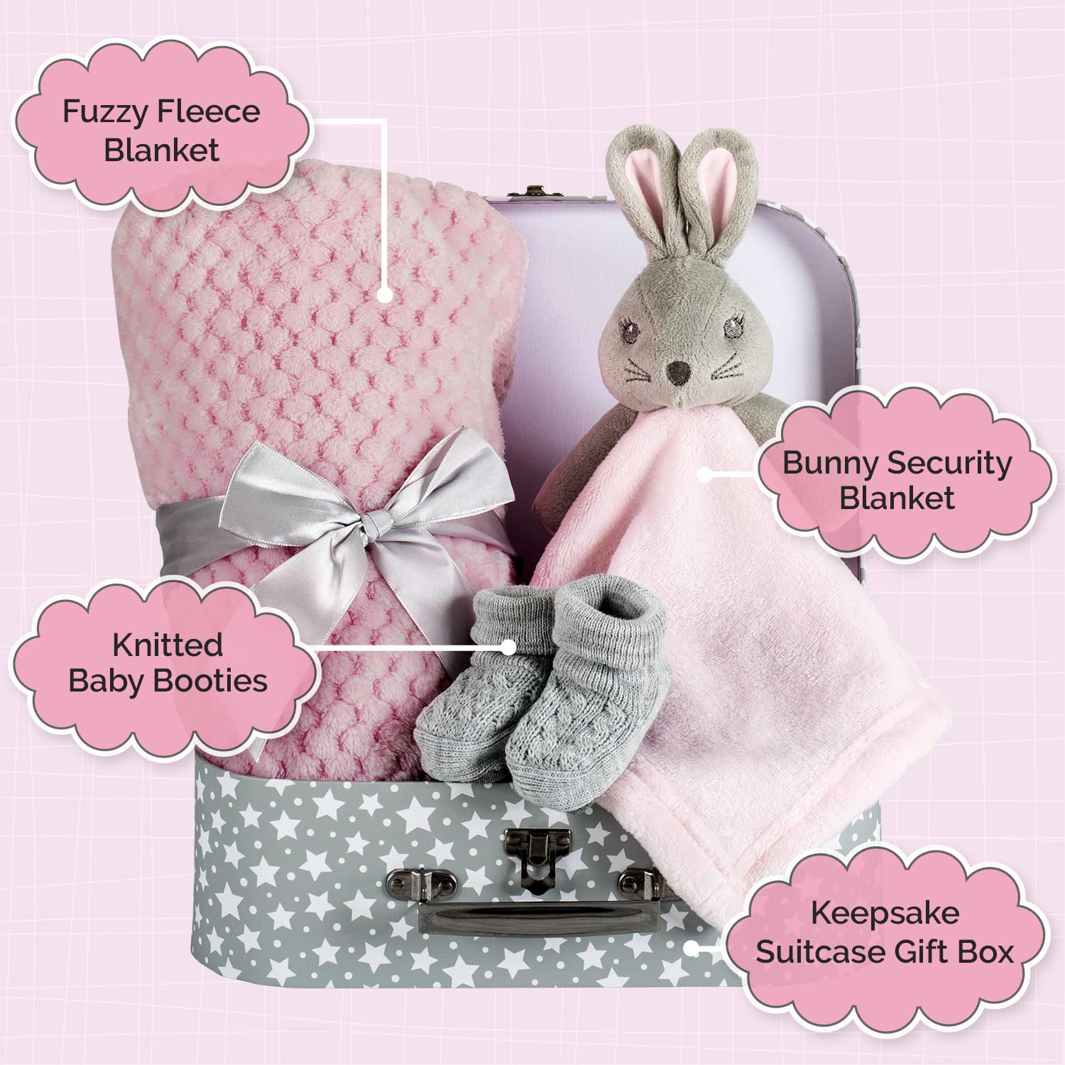 Baby Girl Gift Set New Born Baby Gift Baby Pink Bunny Security Blanket Soft Fleece, Suitcase Keepsake Box Blanket Booties & Baby Gift Basket – Unique Present for Baby Shower & Newborn Lovey Welcome : Baby