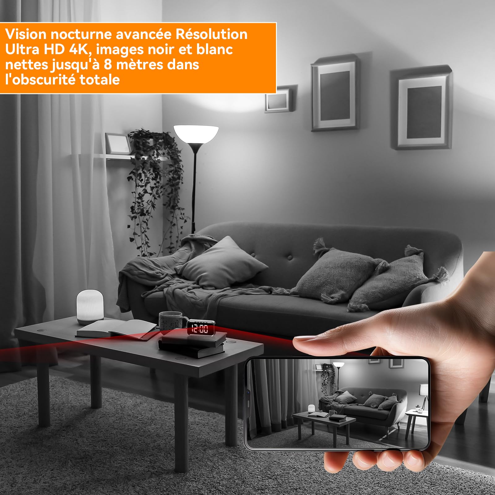 Caméra WiFi Sans fil Tccbac 4K Ultra HD, objectif grand angle 150°, caméra de surveillance, transmission en streaming en temps réel, objectif à détection de mouvement