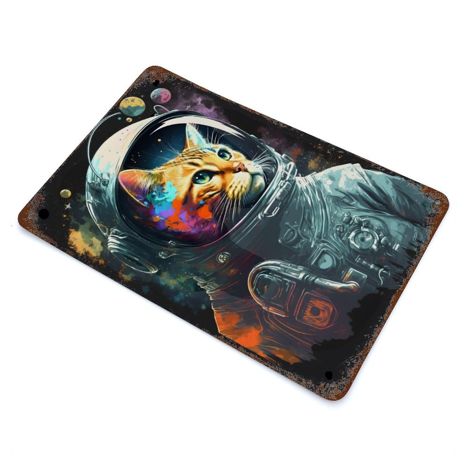 Cat Astronaut Retro Metal Sign 11.8"x7.9", for Pub, Kitchen And Man Cave Decor, Industrial Home Decor