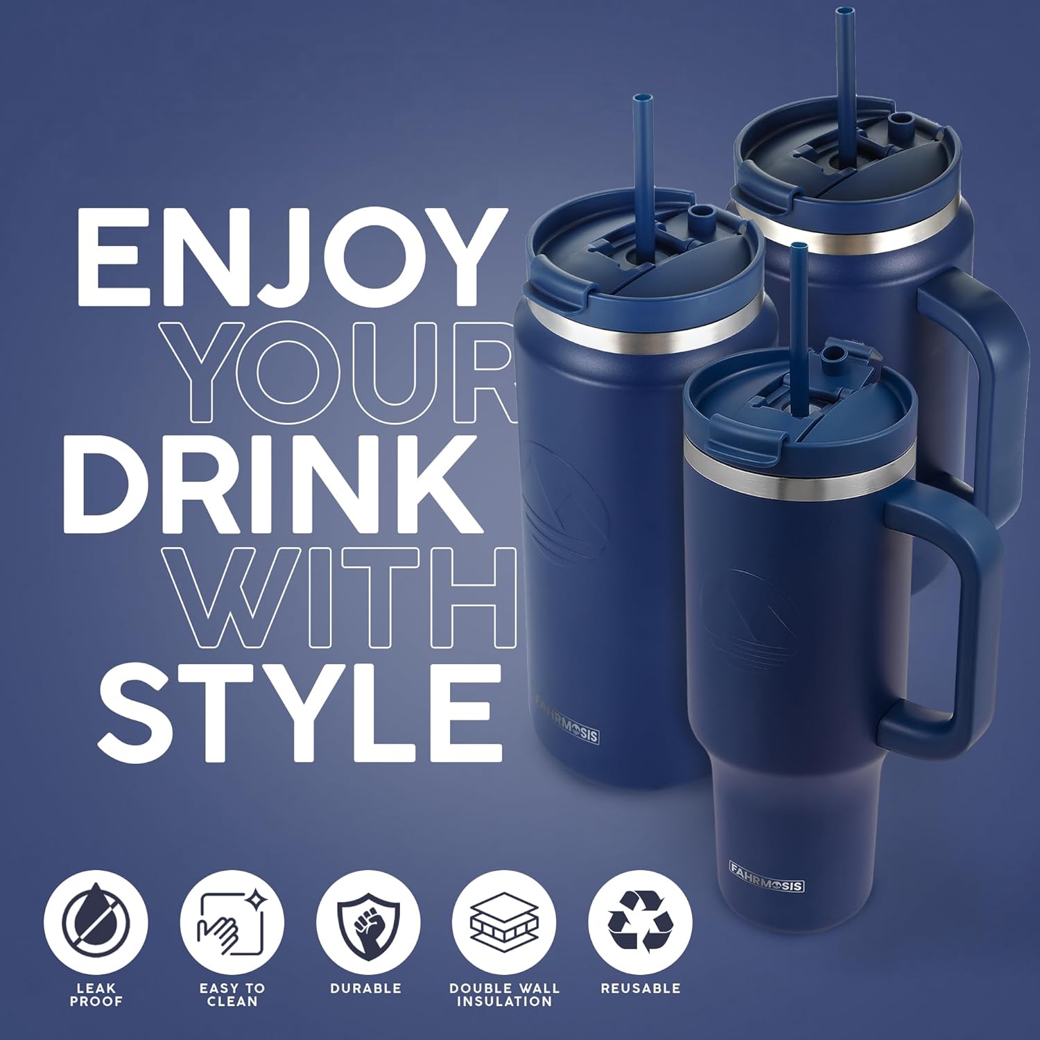 64 Oz Tumbler with Handle and Straw Half Gallon Water Bottle Stainless Steel Travel Mug for Hot & Cold Drinks, Reusable Water Bottle with Lids and Straw - Navy Blue - Image 4