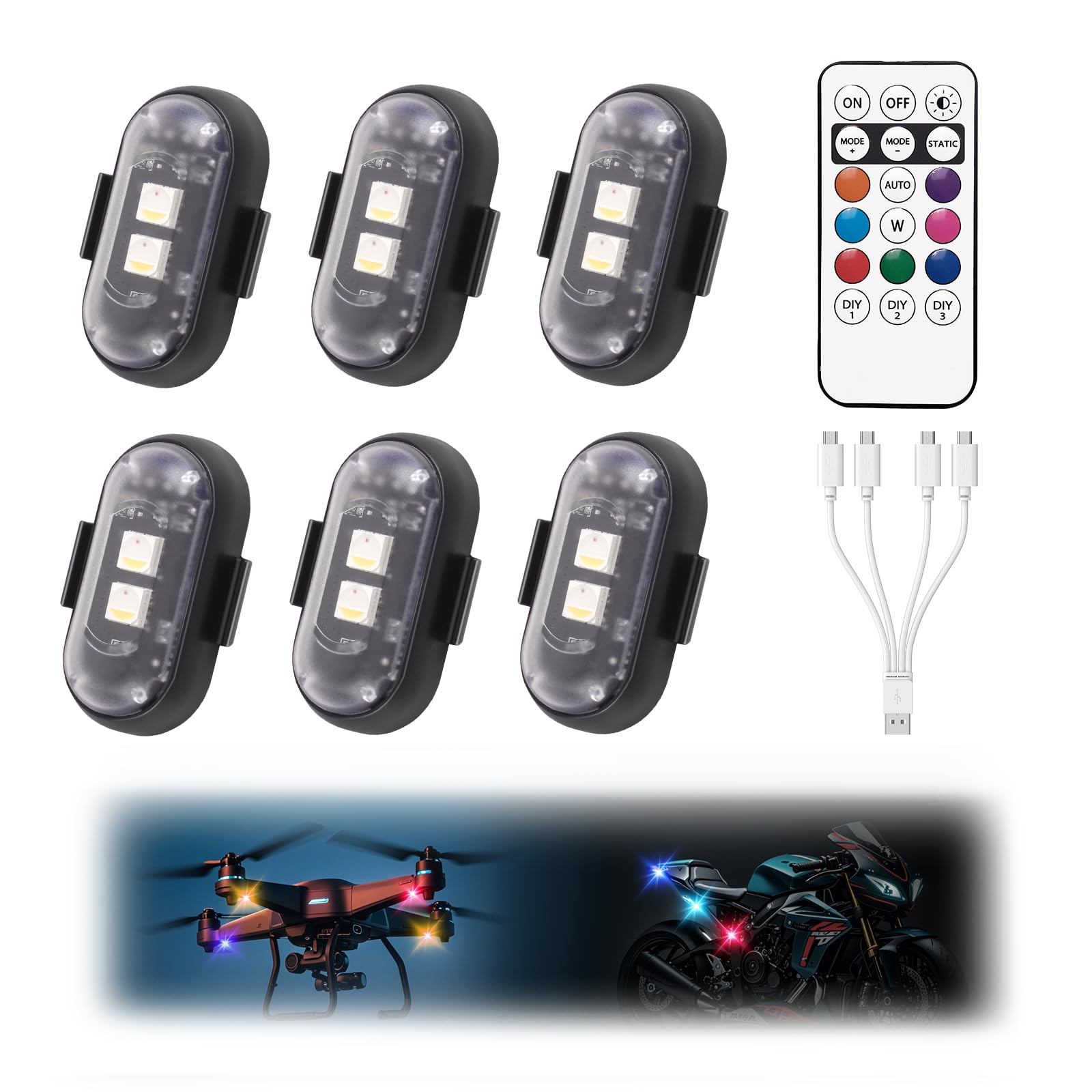 4 Luces Estroboscópicas LED Para Drone – 8 Colores, 10 Modos, Mando A Distancia, Impermeables, Carga USB, Para Coche, Moto, Bici, Camión