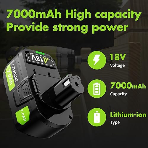 Miniatura 3 de Bonacell Upgradded 7000mAh - Repuesto para batería de litio Ryobi de 18 V y cargador compatible con Ryobi 18 voltios ONE+ batería 102 P103 P104 P105