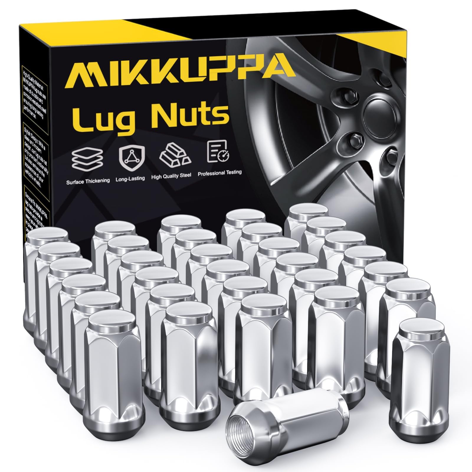 MIKKUPPA M14x1.5 Wheel Lug Nuts, Replacement for Chevy Silverado Ram 1500 2500 3500, Ford F250 F350 Super Duty, GMC Sierra Aftermarket Wheel, Chrome 32pcs Long Closed End Tire Nuts