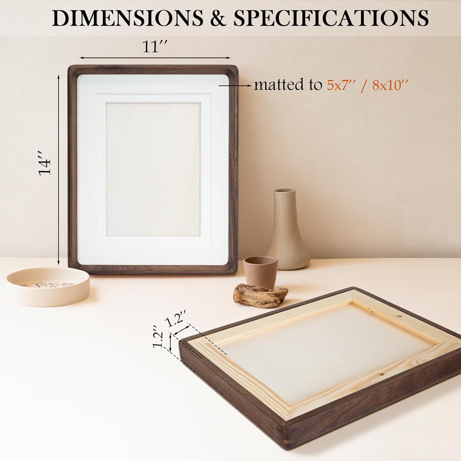 Wooden Large 11x14 Picture Frames Matted to 8x10 / 5x7, Natural Black Walnut Frames Brown - Image 2