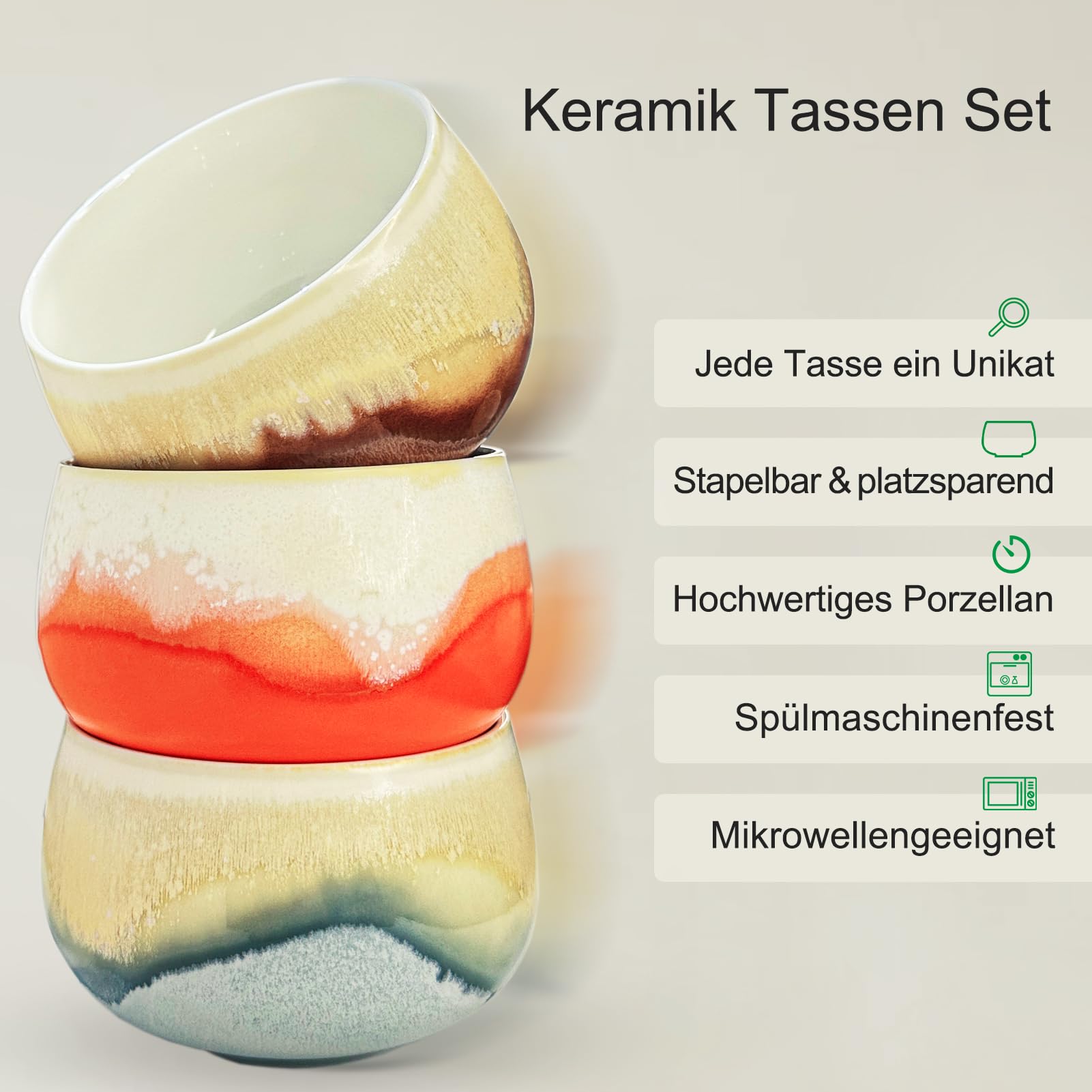 Cappuccinotassen SET 4x210ml-Weiß, Hochwertige Tassen aus Porzellan, Handgefertigte bunte Kaffeetassen, Keramik Teetassen ohne Henkel, spülmaschinenfest, Latte Macchiato, Cappuccino