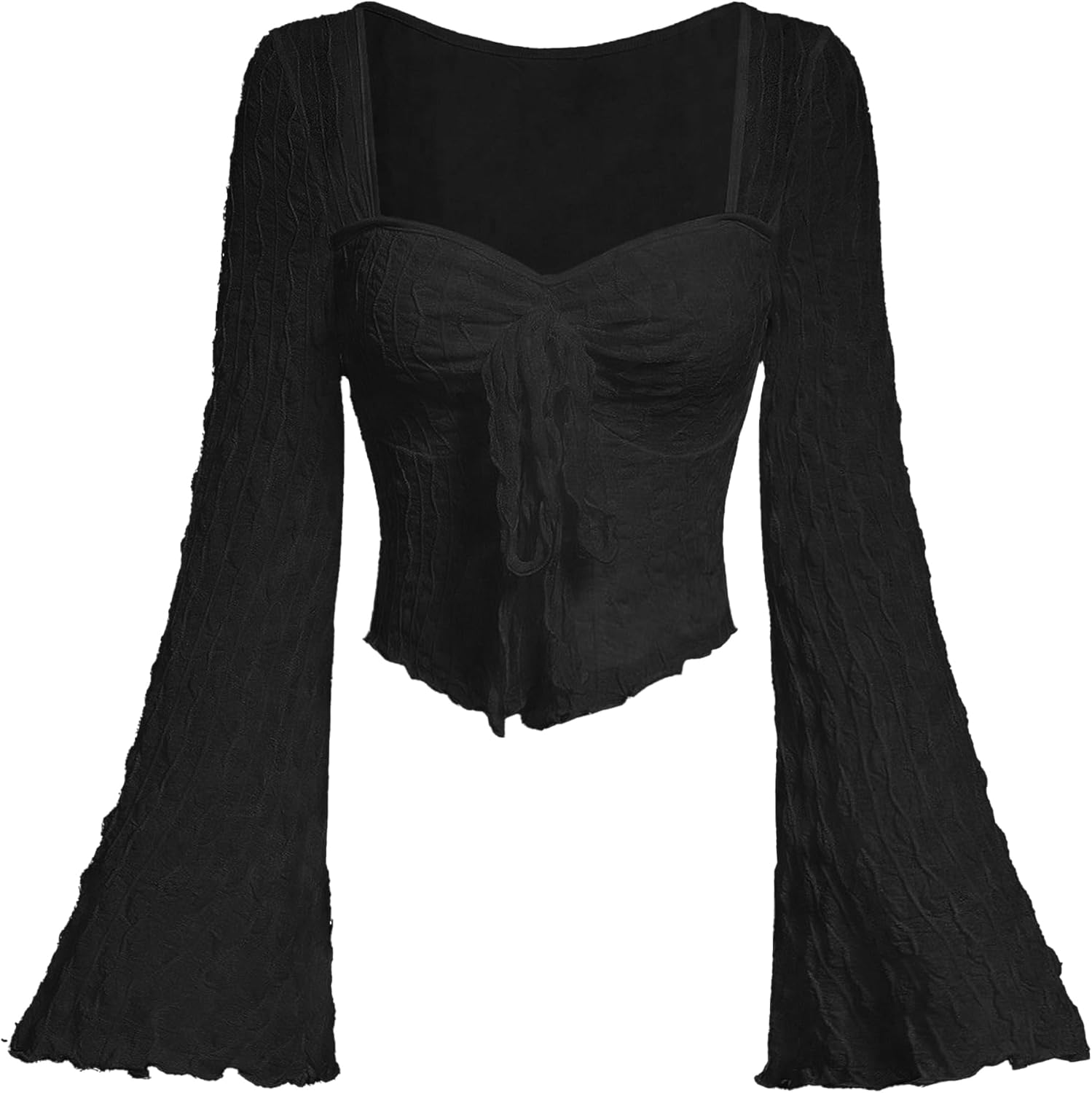 Women's Long Bell Sleeve Tops Mesh Sweetheart Neck Going Out Crop Top Cute Shirts Casual Asymmetrical Tees Trendy