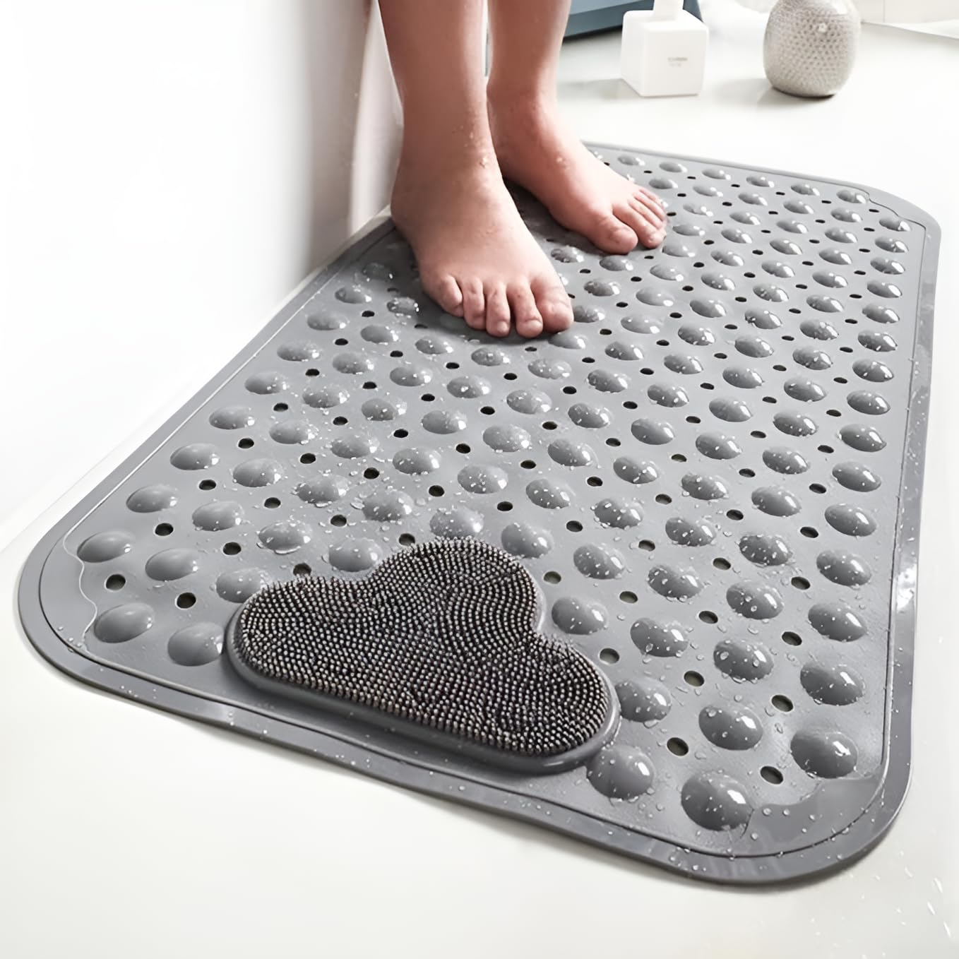 Idyfodol Large White Shower Mat Non Slip Anti Mould With Foot Massage And Suction Cups Pvc Machine Washable Bath Mats For Inside Outside (Polyvinyl Chloride, Grey)