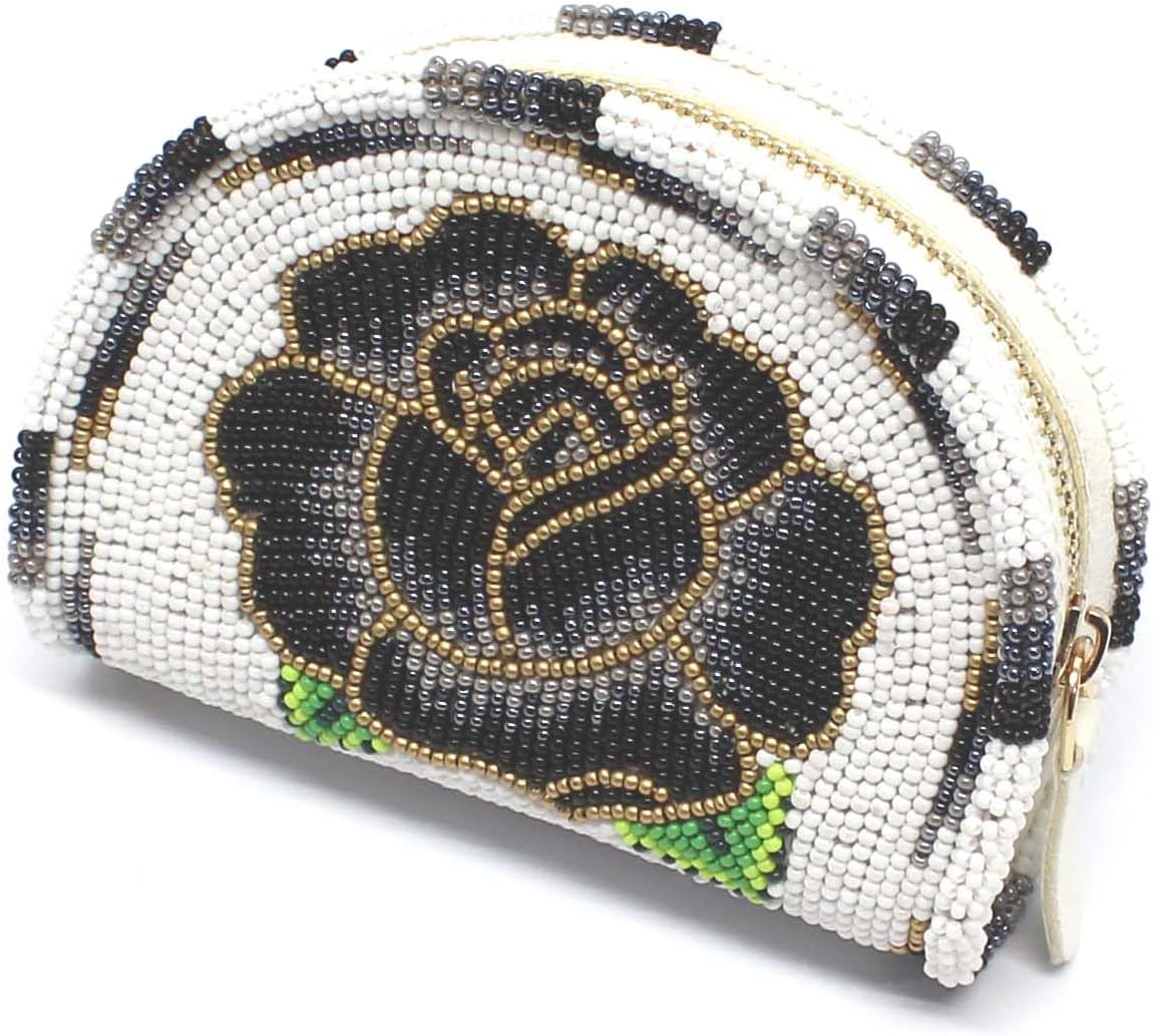 Coin Purse for Women Cute White Small Beaded - Handmade Mini Wallet Zipper Pouch - Native American Czech Seed Beads Leather Change Purse Vintage Boho Gift Wristlet Travel Compact