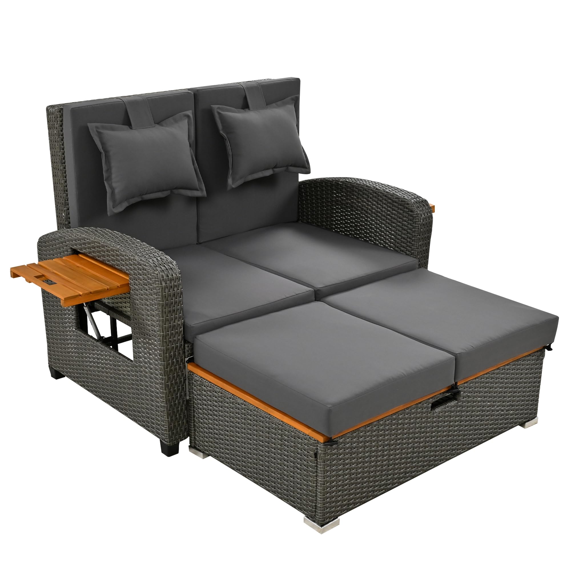 Juego de 2 sillones de jardín de ratán gris con respaldo ajustable y pie de apoyo con reposapiés o cama al aire libre con cojín de respaldo y cojín de asiento