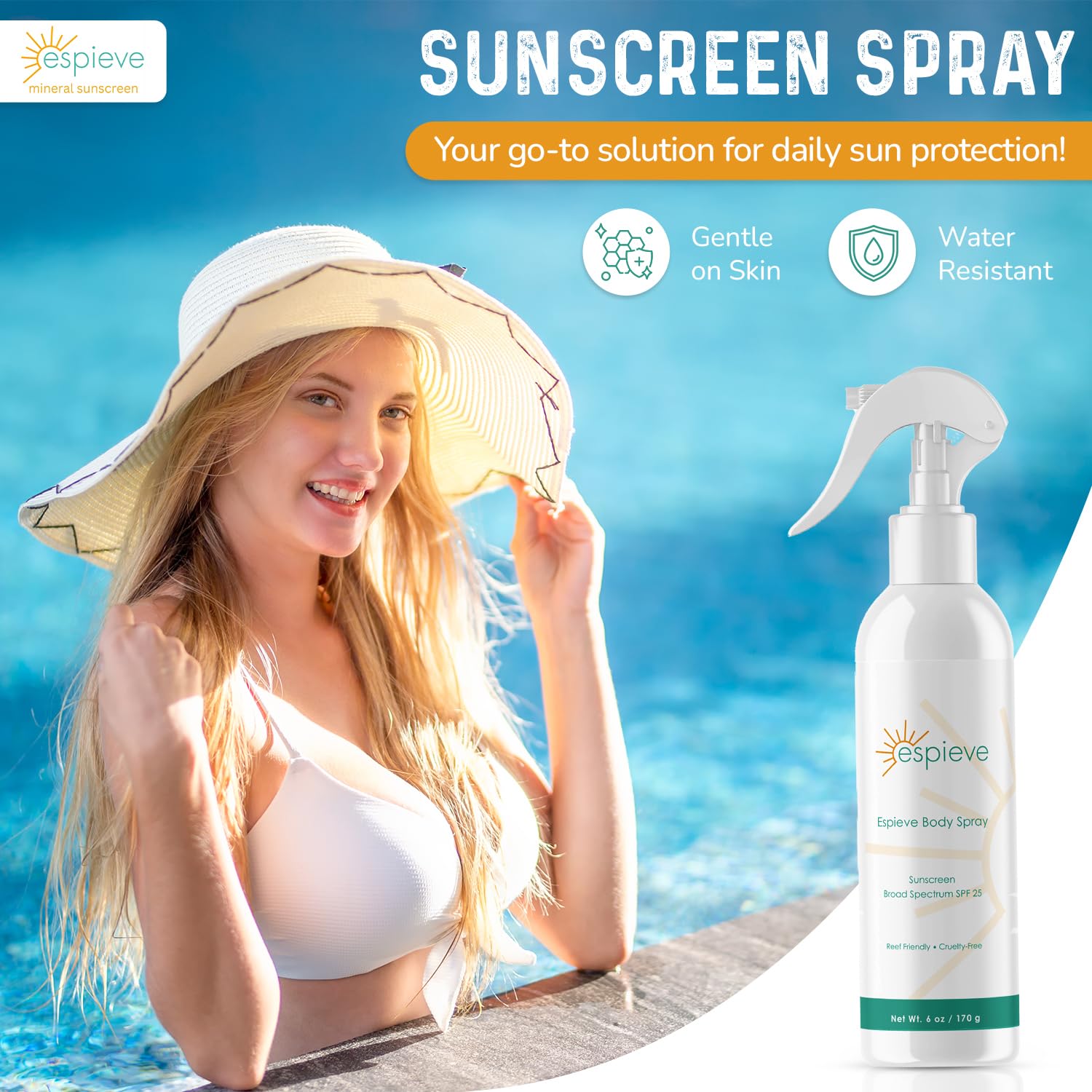 Broad Spectrum SPF 25 Sunscreen Body Spray for Face & Body, Water-Resistant, Quick-Dry, Non-Greasy, Reef Friendly & Cruelty-Free, 6 oz