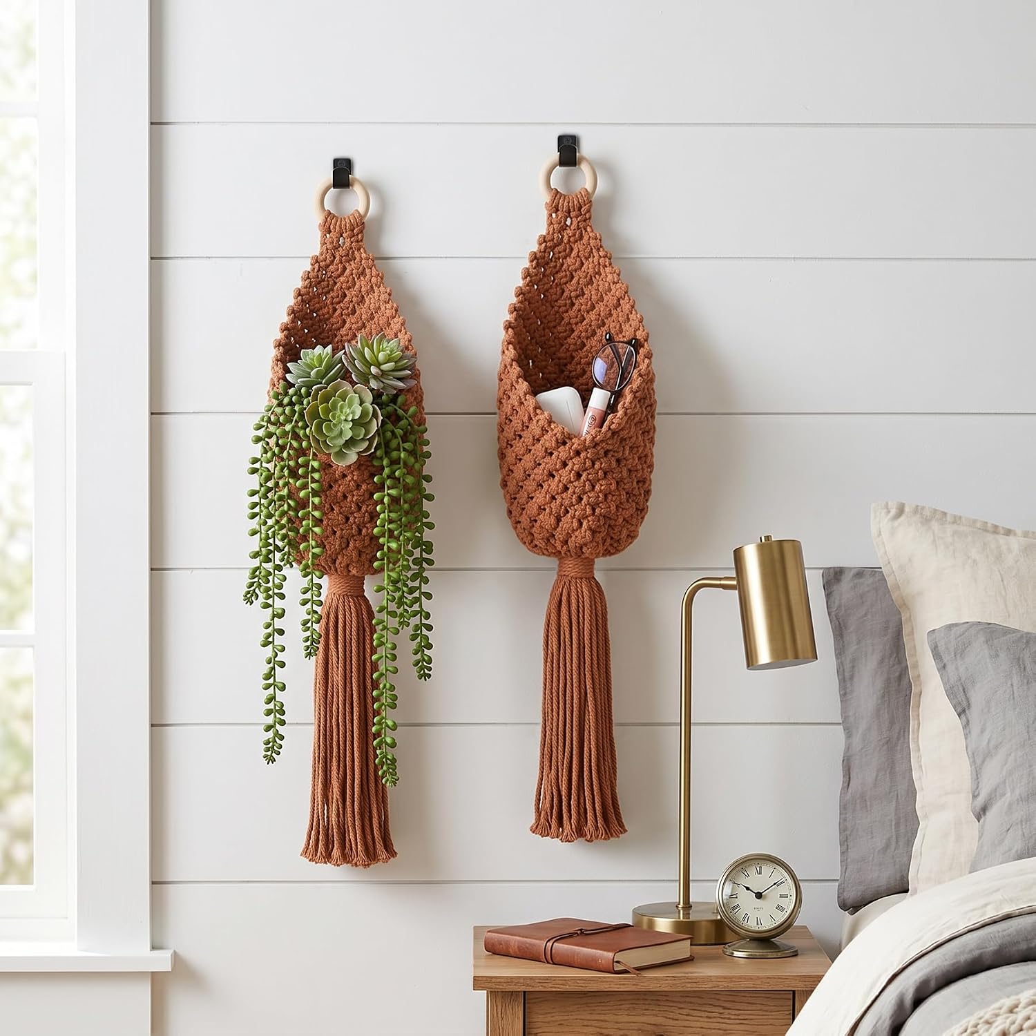 Macrame Wall Hanging Bags, 2 Pack Woven Pouches Boho Storage(Caramel Brown)
