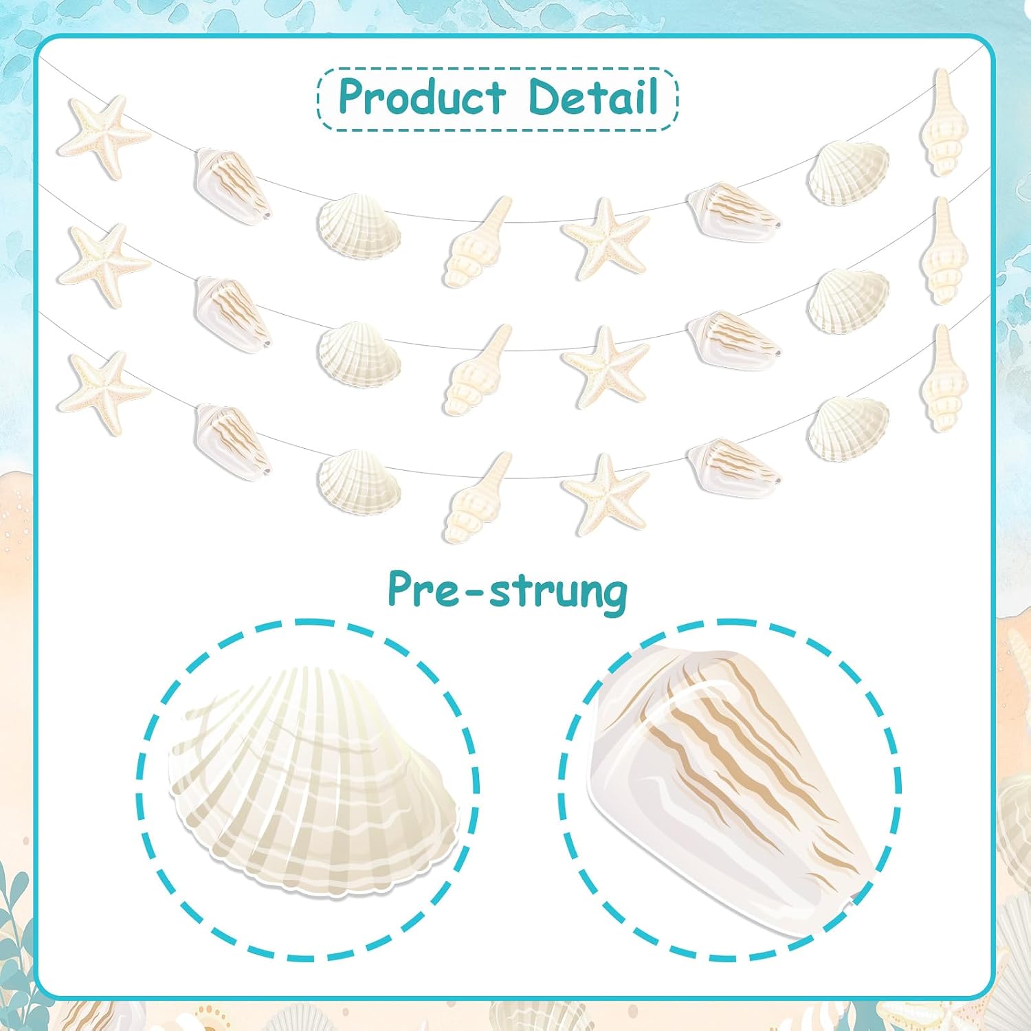 3pcs Starfish Seashell Party Banners Beach Shell Birthday Party Decorations Sea Shell Birthday Ocean Banner Garland Mermaid Under The Sea-Party Summer Bachelorette Wedding Bridal Shower
