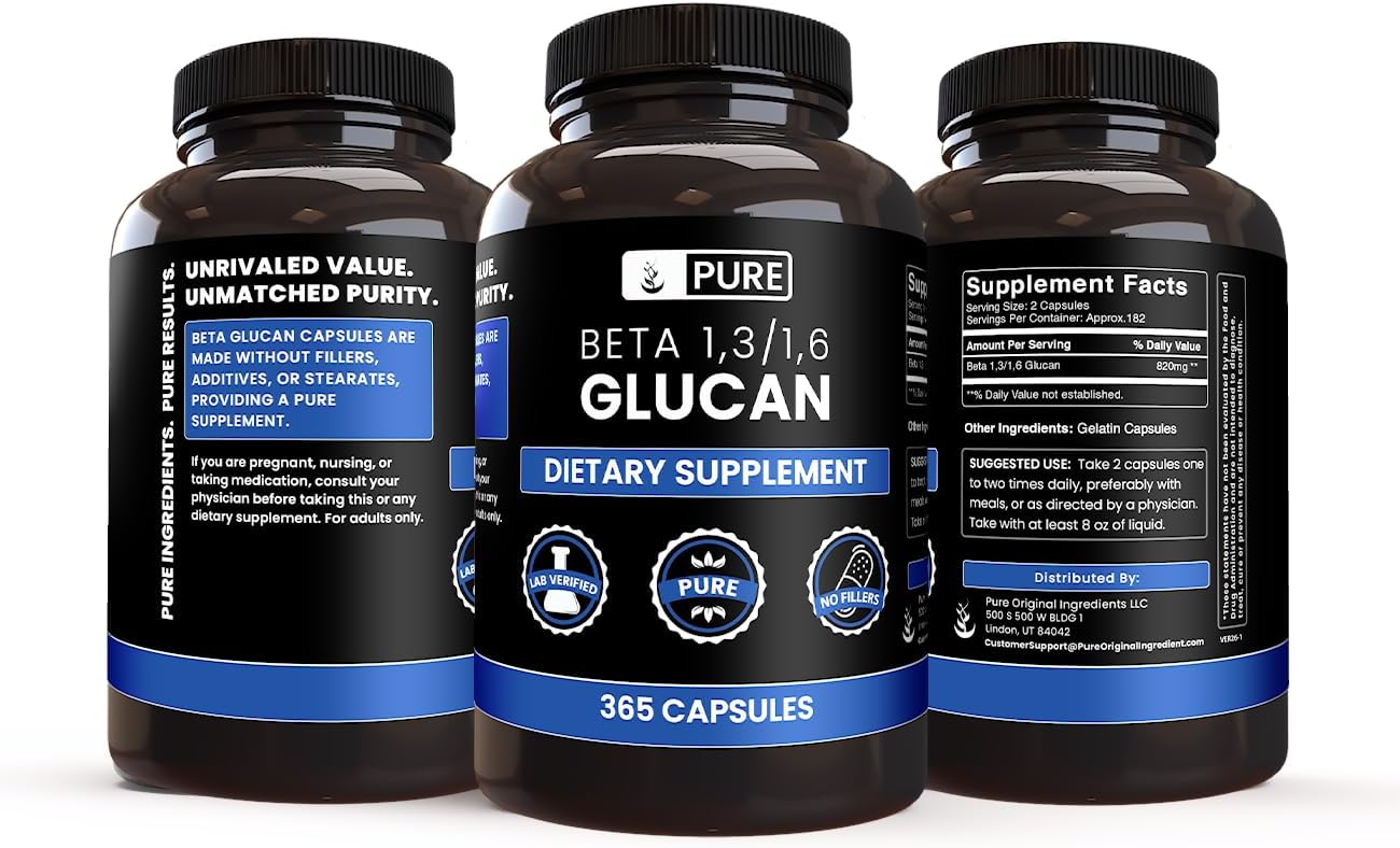 PURE ORIGINAL INGREDIENTS Beta Glucan 1,3/1,6, (365 Capsules) No Magnesium Or Rice Fillers, Always Pure, Lab Verified