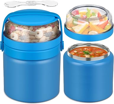 JXXM 2 in 1 Double Insulated Food Jar 13.5oz Soup Thermo with Snack Container Kids Thermo for Hot Food Lunch Containers Wide Mouth Vacuum Stainless Steel Leak Proof for School Travel Blue