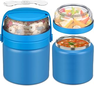 2 in 1 Double Insulated Food Jar 13.5oz Soup Thermo with Snack Container Kids Thermo for Hot Food Lunch Containers Wide Mouth Vacuum Stainless Steel Leak Proof for School Travel (Blue)